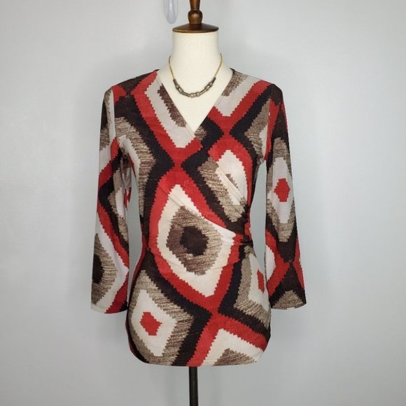 Lauren Ralph Lauren Brown Tan Rust Red Aztec Indian Pattern Surplice Top Size S - Picture 1 of 13